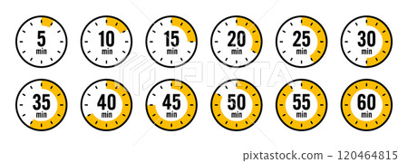 Stopwatch icons. Colorful simple chronometer, time counter with dial. Countdown timer showing hours and minutes. Deadline, measurement for sport. Cooking time label, sticker. Vector illustration 120464815
