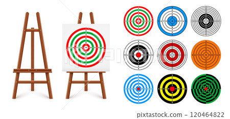 Shooting range target on a wooden easel stand. Paper target with divisions, marks and numbers. Archery, gun shooting and training, sport competition, hunting. Bullseye and aim. Vector illustration 120464822