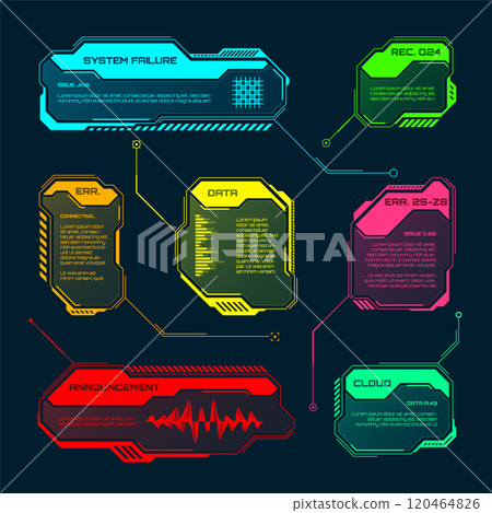 Futuristic HUD or UI elements. Sci-fi user interface text boxes, callouts. Colorful warning message frame, information boxes template. Modern game interface layout, digital style. Vector illustration 120464826
