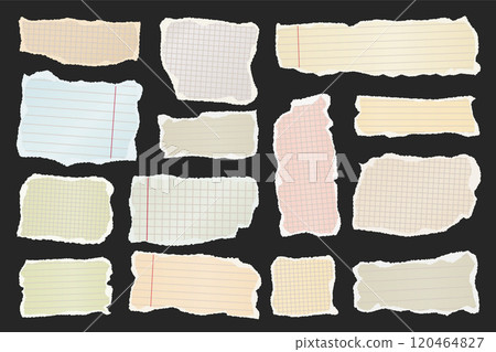 Ripped paper strips. Realistic crumpled paper scraps with torn edges. Shreds of notebook, book or old newspaper pages. Trendy collage elements. Vector illustration 120464827