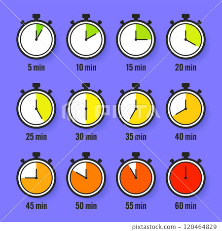 Stopwatch icons. Colorful simple chronometer, time counter with dial. Countdown timer showing hours and minutes. Deadline, measurement for sport. Cooking time label, sticker. Vector illustration Stopwatch icons. Colorful simple chronometer, time counter with dial. Countdown timer showing hours and minutes. Deadline, measurement for sport. Cooking time label, sticker. Vector illustration 120464829