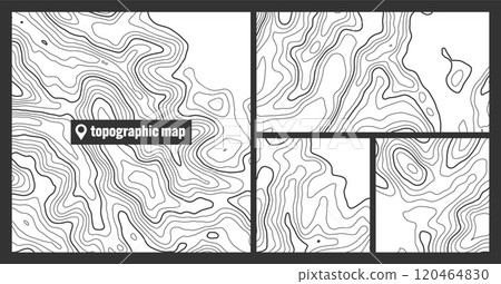 Colorful topographic map sets with contour lines. Geographic terrain grid, relief height elevation. Ground path pattern. Travel and navigation, cartography design element. Vector illustration Colorful topographic map sets with contour lines. Geographic terrain grid, relief height elevation. Ground path pattern. Travel and navigation, cartography design element. Vector illustration 120464830