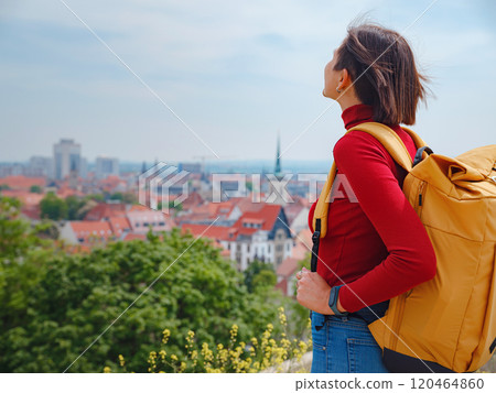 Tourist woman explores beautiful city of Erfurt, 120464860
