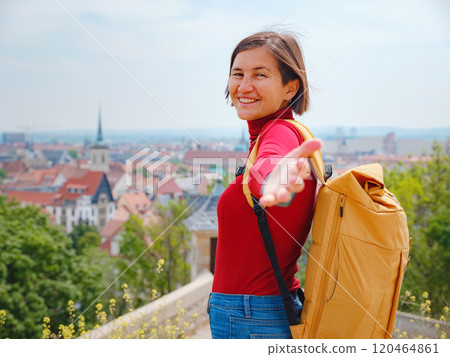 Tourist woman explores beautiful city of Erfurt, 120464861