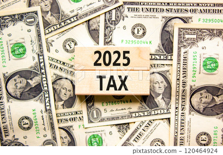 Planning 2025 tax new year symbol. Concept words 2025 Tax on beautiful wooden blocks. Dollar bills. Beautiful background from dollar bills. Business 2025 tax new year concept. Copy space. 120464924