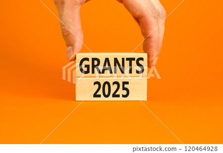 Planning grants 2025 new year symbol. Concept words Grants 2025 on beautiful wooden blocks. Beautiful orange background. Businessman hand. Business grants 2025 new year concept. Copy space. Planning grants 2025 new year symbol. Concept words Grants 2025 on beautiful wooden blocks. Beautiful orange background. Businessman hand. Business grants 2025 new year concept. Copy space. 120464928