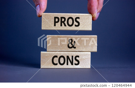 Pros and cons symbol. Wooden blocks with words 'Pros and cons'. Beautiful grey background, businessman hand. Business, pros and cons concept, copy space. 120464944