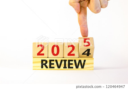 Planning 2025 review new year symbol. Concept words 2024 Review to 2025 Review on beautiful wooden blocks. Beautiful white table white background. Business 2025 review new year concept. Copy space. 120464947