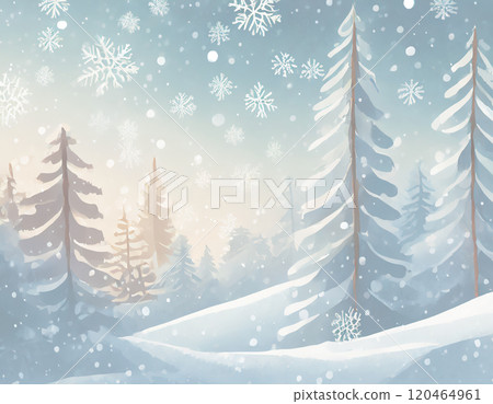 Snowy mountain scenery. Snow-covered coniferous trees. AI-generated image. 120464961