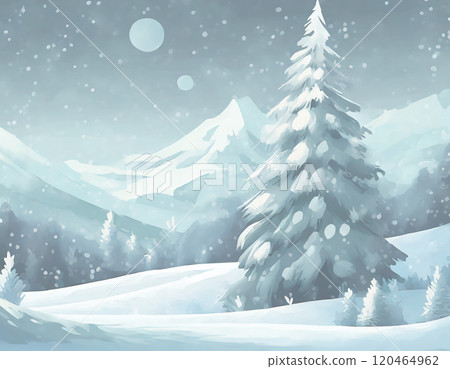 Snowy mountain scenery. Snow-covered coniferous trees. AI-generated image. 120464962