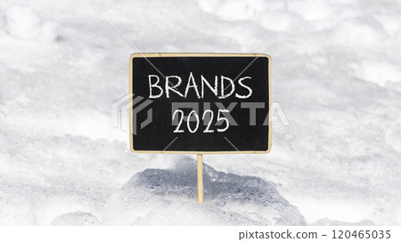Planning brands 2025 new year symbol. Concept words Brands 2025 on beautiful yellow chalk blackboard. Beautiful white snow background. Business brands 2025 new year concept. Copy space. 120465035