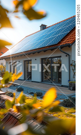 residential building on European street with solar panels 120465205