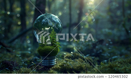 green planet earth inside light bulb in forest 120465302