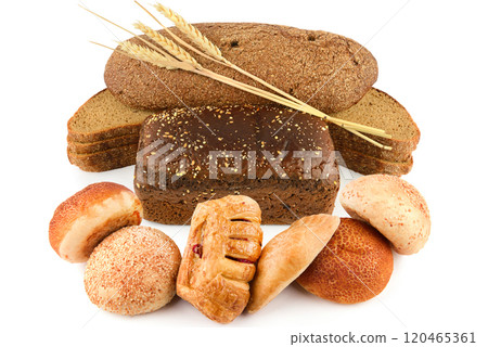 Organic wholemeal bread and sweet pastries isolated on white. 120465361