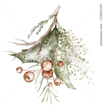 Watercolor holly Christmas ornament. Xmas green bouquet isolated on white background. Hand drawn Winter holiday decoration for design cards, invitation. Watercolor holly Christmas ornament. Xmas green bouquet isolated on white background. Hand drawn Winter holiday decoration for design cards, invitation. 120465395