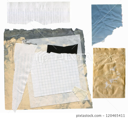 Torn vintage paper set of four pieces. Beige shapes of jagged uneven edges. Ripped different paper fragments collection. Textured grunge element bundle for collage, text box, banner, sticker, poster. Torn vintage paper set of four pieces. Beige shapes of jagged uneven edges. Ripped different paper fragments collection. Textured grunge element bundle for collage, text box, banner, sticker, poster. 120465411