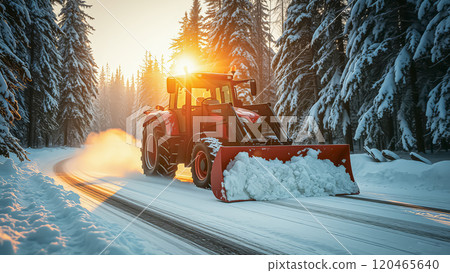 Tractor clearing snow from road in Christmas forest 120465640