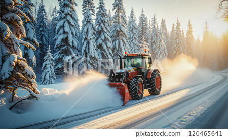 Tractor clearing snow from road in Christmas forest 120465641