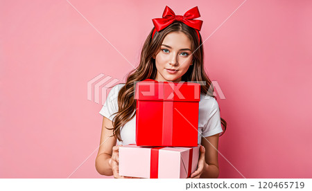 Beautiful and happy girl in New Year's outfit with gifts in her hands 120465719