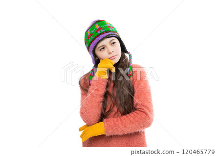 Winter fashion style. Girl in knitwear. Portrait of teen child wearing warm winter clothes. Girl kid wear warm hat isolated on white. Happy childhood. Teen girl thinking in earflap hat 120465779