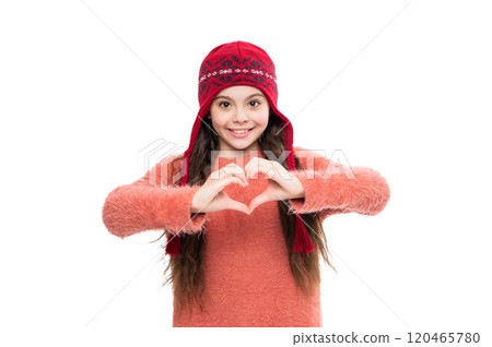 Happy childhood. Teen girl wearing knitted sweater. Winter fashion style. Stylish girl in winter hat. Teen child portrait wearing warm winter hat. Girl kid isolated on white. From her with love Happy childhood. Teen girl wearing knitted sweater. Winter fashion style. Stylish girl in winter hat. Teen child portrait wearing warm winter hat. Girl kid isolated on white. From her with love 120465780