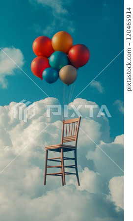 Wooden chair floating with colorful balloons in a cloudy sky 120465914