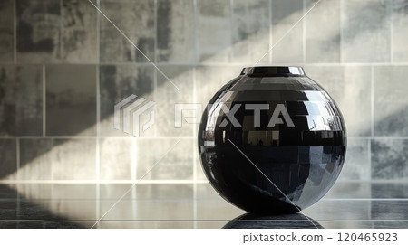 Reflective black geometric vase on textured surface, modern art concept 120465923