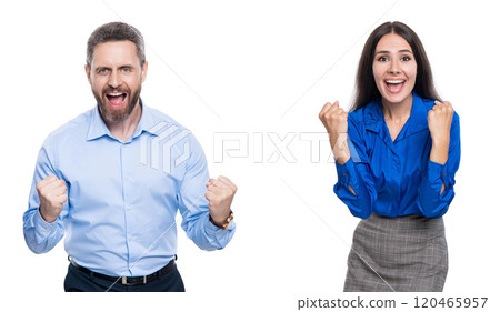 Businesspeople having fun. Business success celebration and fun. Business corporate party after successful deal. Successful businesspeople celebrate deal isolated on white. Achieve victory 120465957