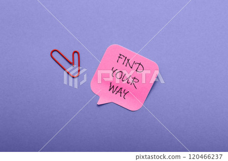Red paper clip is on a pink piece of paper that says find your way. 120466237