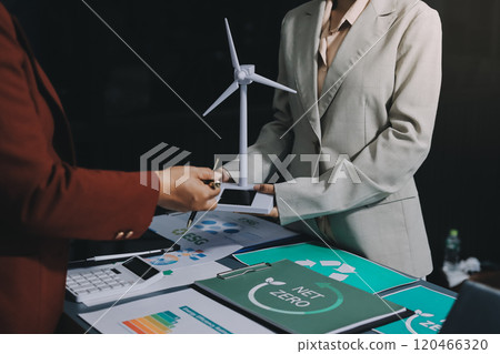Carbon offset price report CO2 emission. Future growth Net zero waste in ESG ethical SME office protect climate change global warming social issues project. Group of asia people Eco friendly SDGs plan 120466320