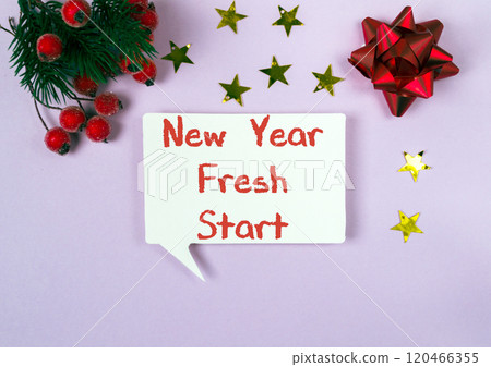 New Year greeting reading New Year Fresh Start on vibrant background 120466355