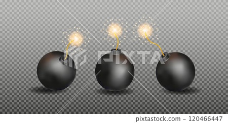 Realistic 3d bomb dynamite sticks with burning fuse. Vector 120466447