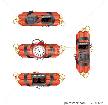 Realistic 3d bomb dynamite sticks with burning fuse. Vector 120466448