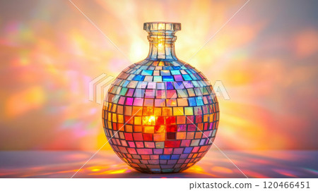 Mosaic glass bottle with colorful light reflection, artistic decor concept 120466451
