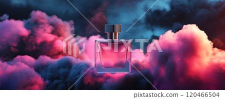 Glass perfume bottle surrounded by colorful clouds, dreamy fragrance concept 120466504