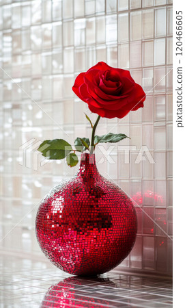 Red rose in mosaic red vase on tiled background 120466605