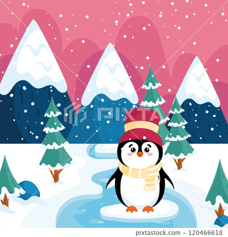 Penguin standing on ice in snowy forest, Vector 120466618