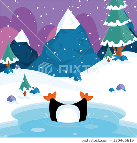 Penguin diving in icy pond under snowfall, Vector 120466619