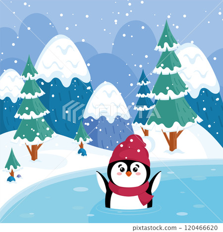 Penguin playing in frozen lake with trees, Vector Penguin playing in frozen lake with trees, Vector 120466620