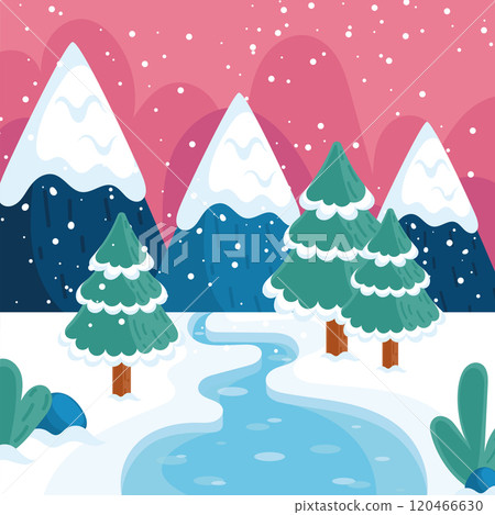 Snowy forest with river and mountains, Vector 120466630