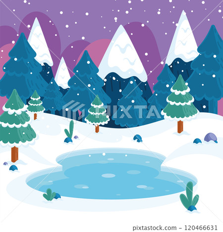 Snowy forest and icy pond at twilight, Vector Snowy forest and icy pond at twilight, Vector 120466631