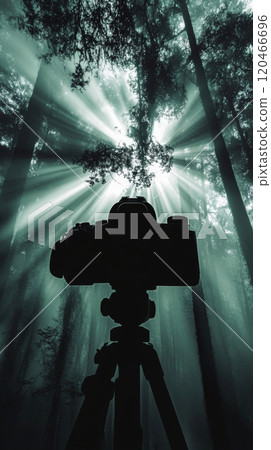camera on tripod silhouetted against forest with sun rays filtering through trees, nature photography concept camera on tripod silhouetted against forest with sun rays filtering through trees, nature photography concept 120466696