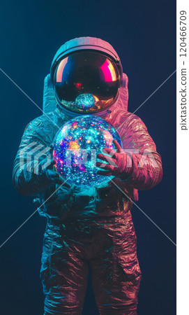 Astronaut holding glowing cosmic orb, futuristic exploration concept 120466709