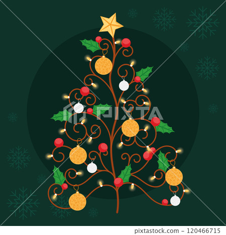 Stylized Christmas tree with holly decor, Vector 120466715