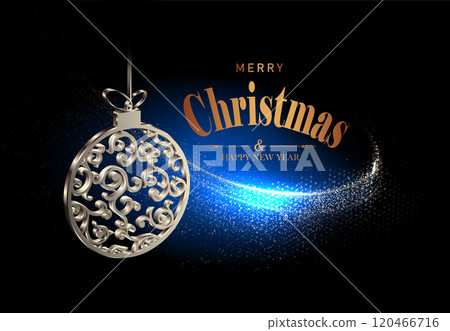 Merry Christmas. 2025 Isolated element with gold glitter ribbon with retro Christmas tree toy Merry Christmas. 2025 Isolated element with gold glitter ribbon with retro Christmas tree toy 120466716