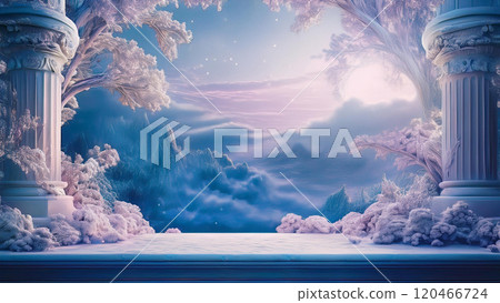 Frame material featuring a fantastic snowy landscape and pillars 120466724