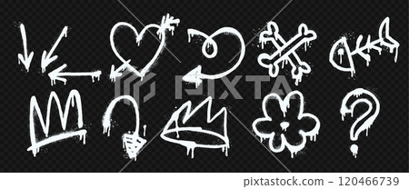 White spray art set vector with arrows, heart, flower, question mark, fish skeleton, and crown elements. Grunge background featuring splatter, drips White spray art set vector with arrows, heart, flower, question mark, fish skeleton, and crown elements. Grunge background featuring splatter, drips 120466739