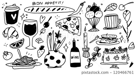 Doodles on the theme of a romantic French or Italian dinner with pizza and pasta and wine. Bold trendy vector elements. Illustration on blue bg 120466761