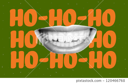 Trendy collage design of a happy mouth with a smile. Popart element for Christmas card. Retro background with fun pattern 120466768