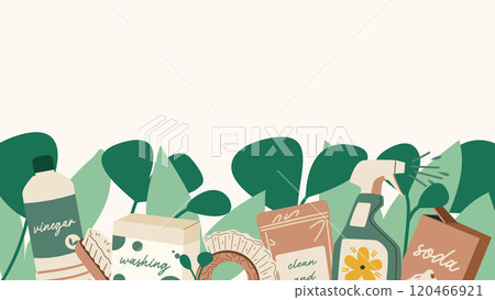 Eco household cleaning products, web-site banner design. Zero waste supplies, ecological green detergent and tools for housework. Eco household cleaning products, web-site banner design. Zero waste supplies, ecological green detergent and tools for housework. 120466921